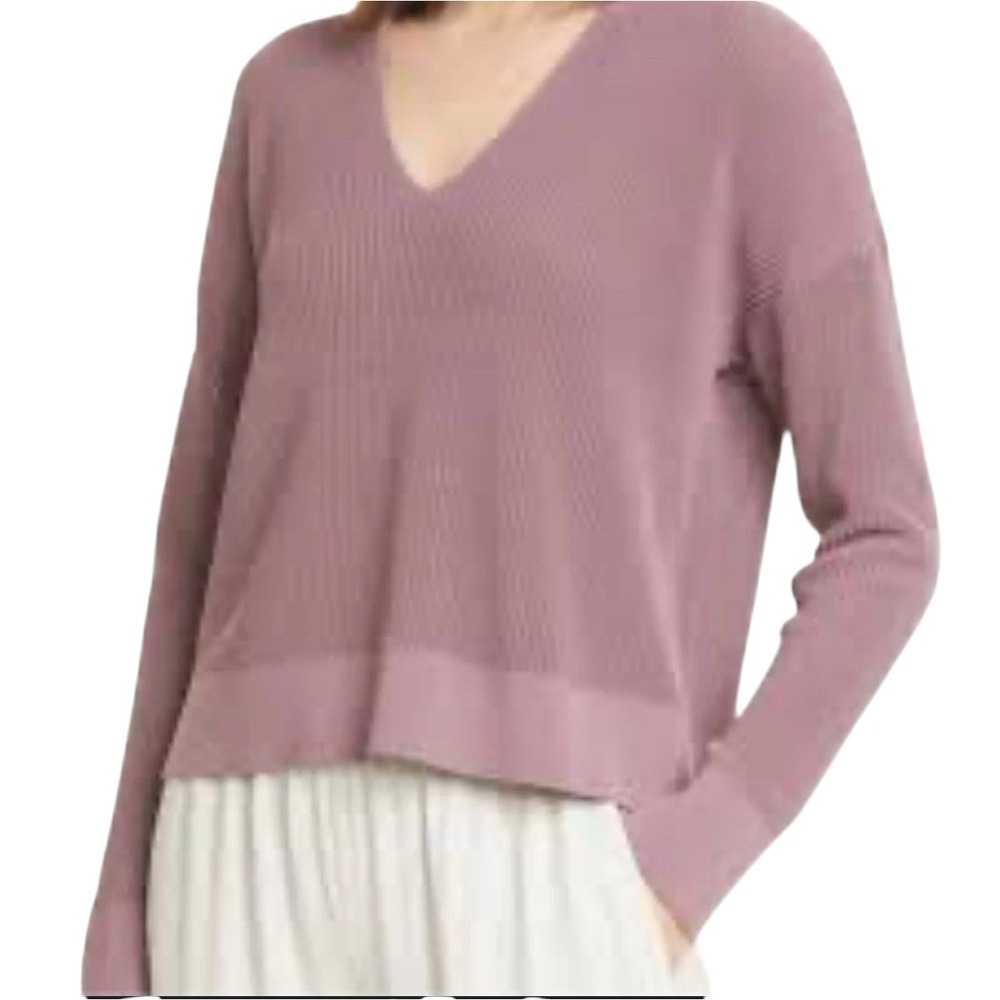 Eileen Fisher Corded Sweater Womens Medium Mauve Boxy V-Neck Long-Sleeve‎ Knit